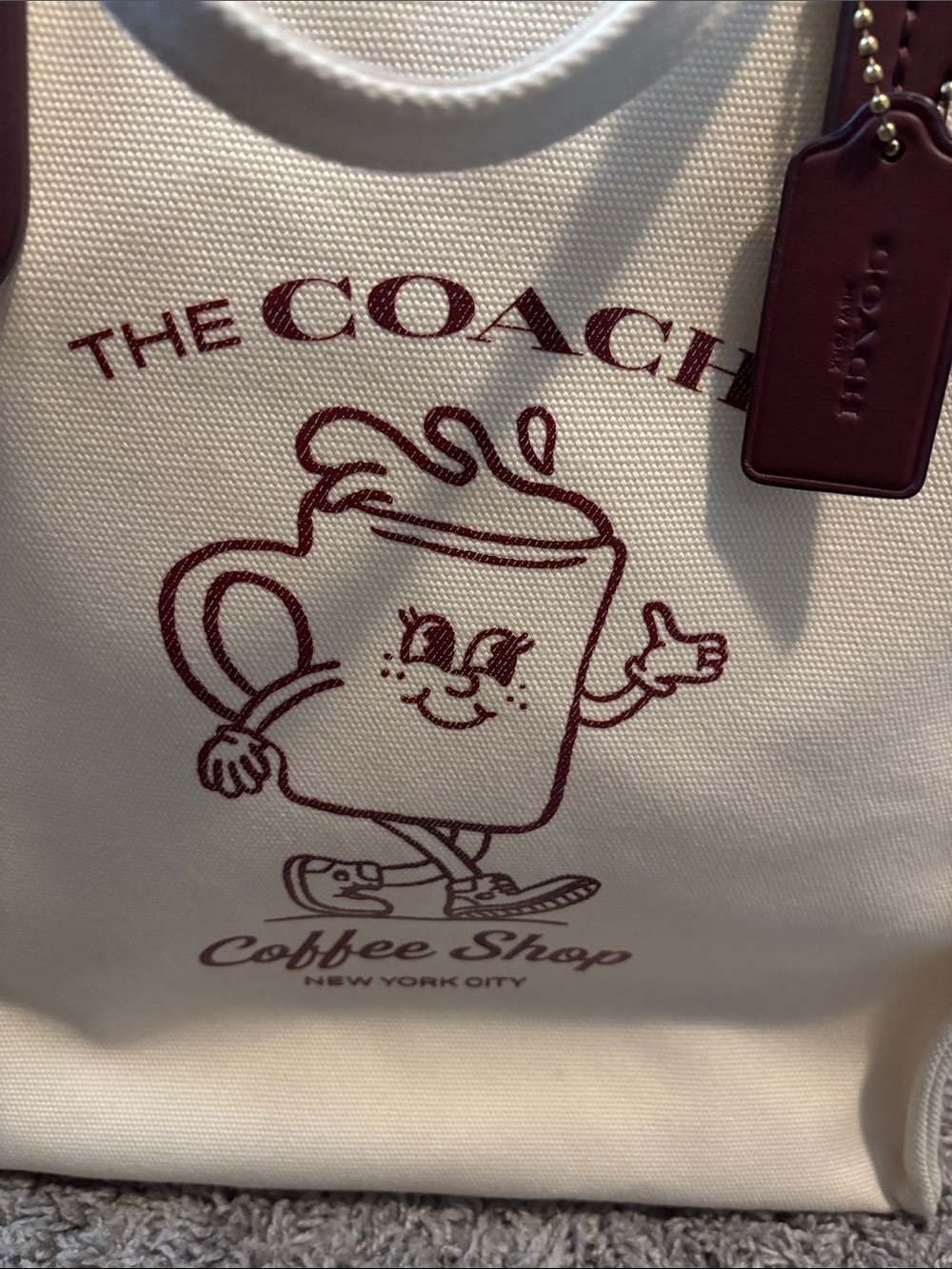 Coach Cream Canvas Tote with Maroon Coffee Shop Graphic Coffee Shop - Picture 2 of 6